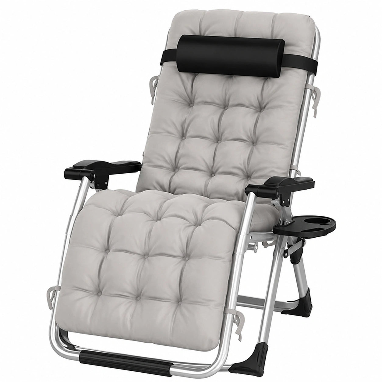 Ergonomischer Outdoor-Liegestuhl mit Getränkehalter, extra breiter klappbarer Sessel für Garten, Strand und Pool, Kissenunterstützung bis 200kg, Silber