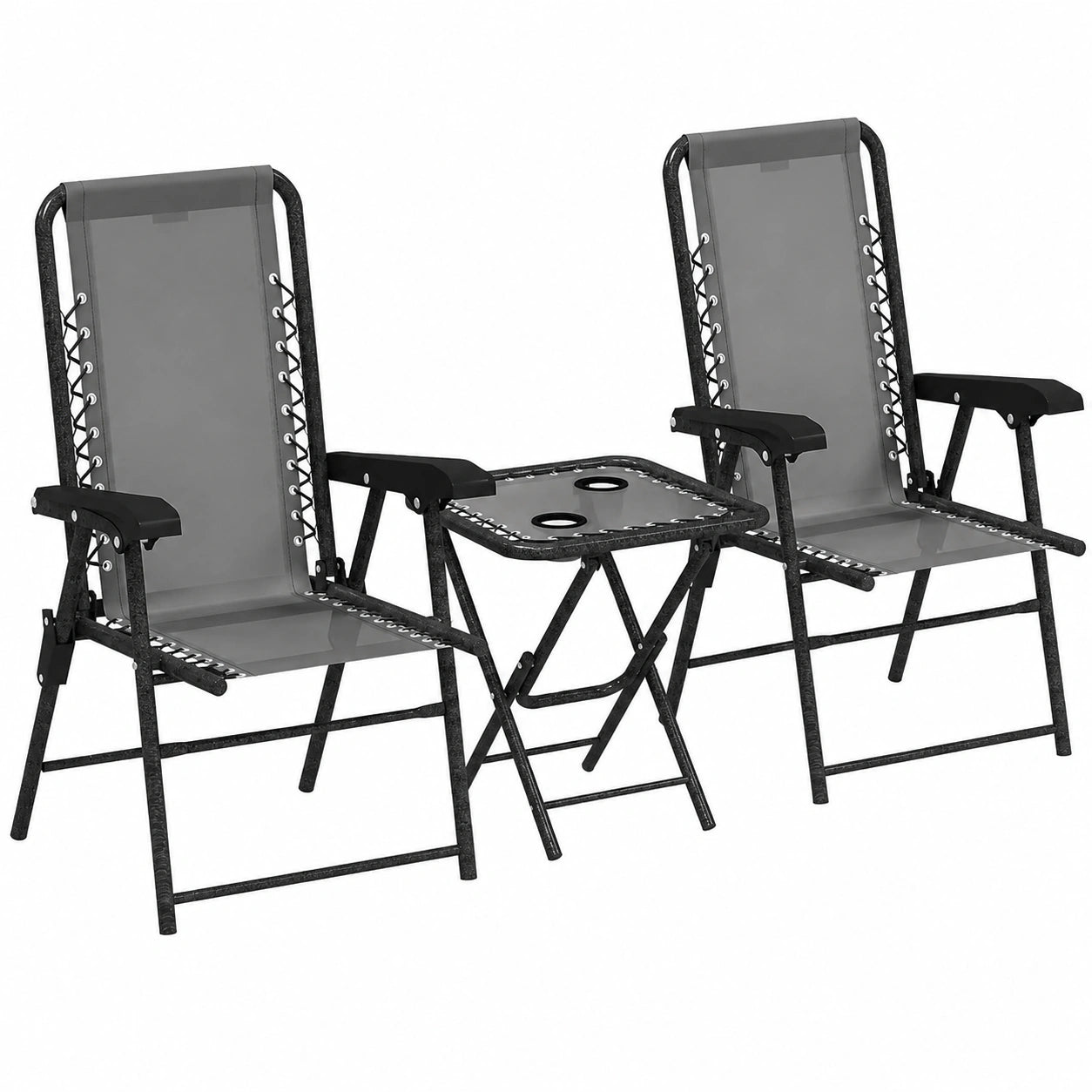 Outsunny 3-teiliges Bistro-Set aus Stahl, wetterfeste Gartenmöbel, klappbar, inkl. Tisch und Becherhalter, Outdoor Balkonset, dunkelgrau