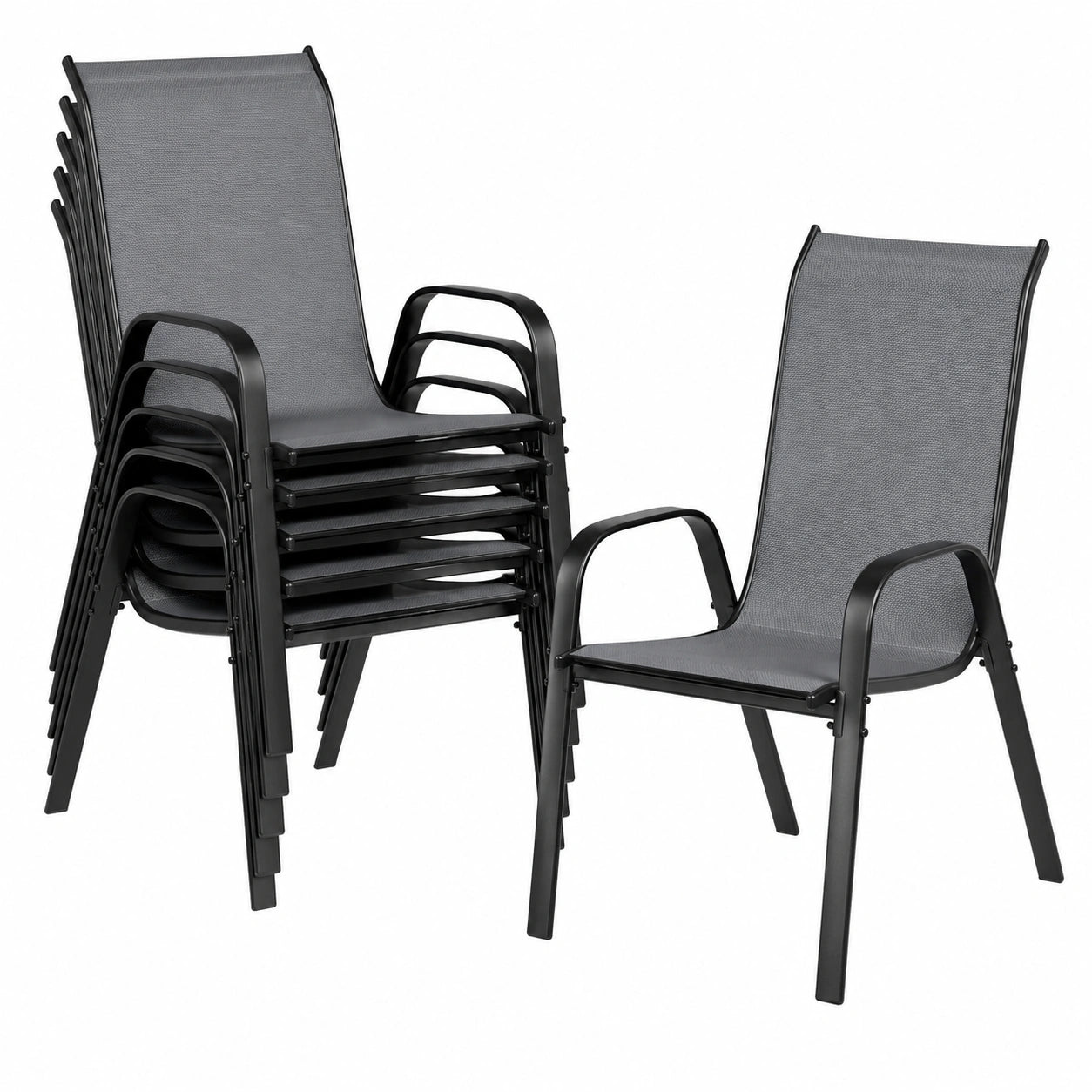 LIFERUN Hochlehner Gartenstühle Stapelbar - Terrassenstuhl mit Textilene und Stahl, Belastbar bis 150 kg, 54x69x93cm, Set aus 6, Dunkelgrau