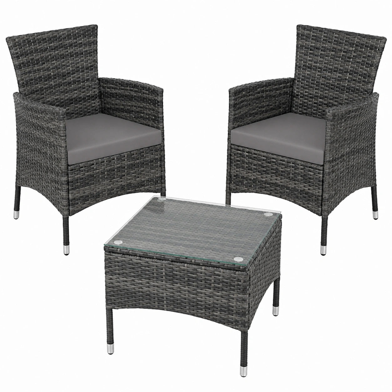 Gartenmöbel-Set aus Poly Rattan mit Kissenbezügen, 2 Stühle und Glastisch, Outdoor-Lounge-Sessel mit Armlehnen, ideal für Balkon, in Grau