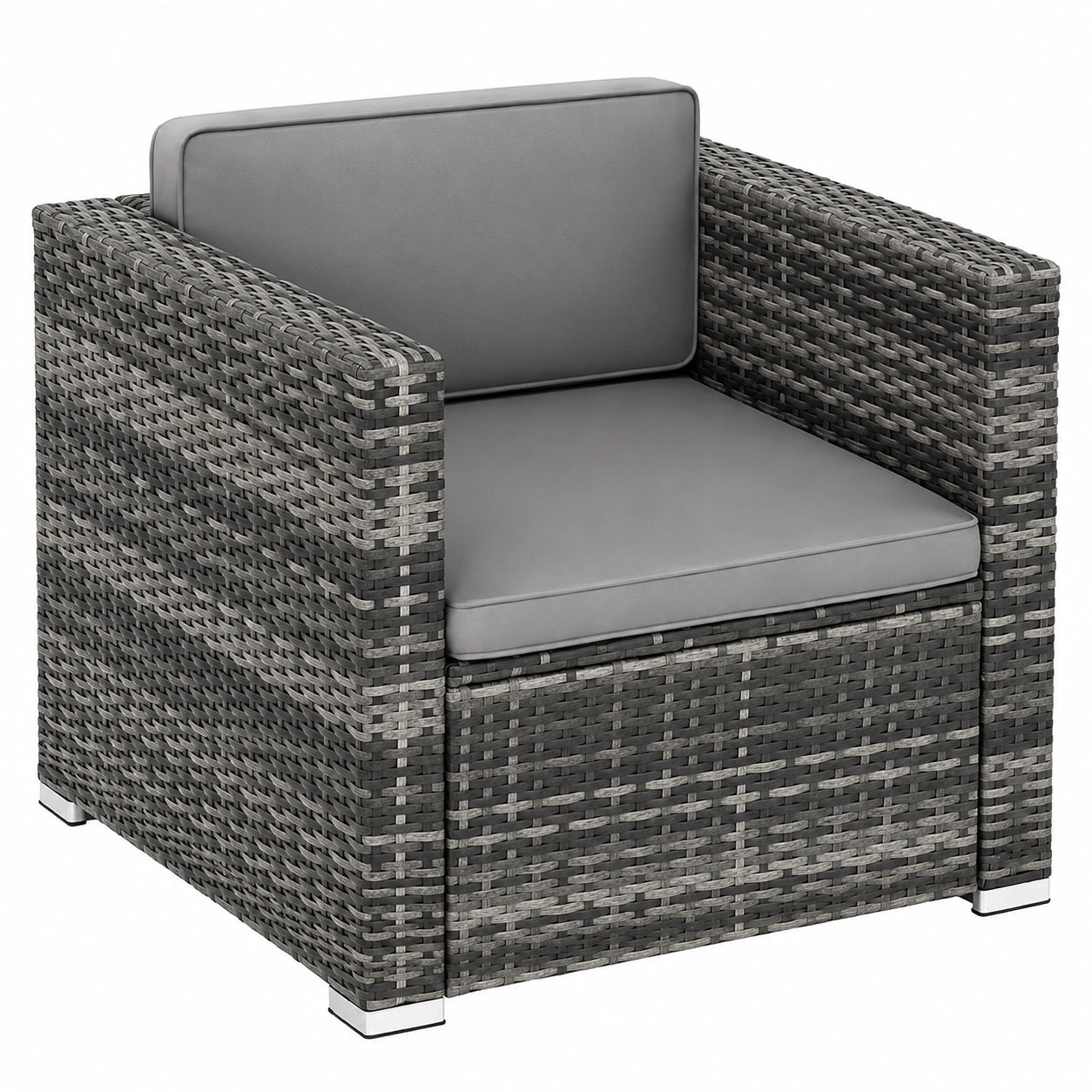 Gemütlicher Poly-Rattan Sessel mit Armlehnen für Balkon und Garten, inkl. Kissen, wasserabweisend - Grau
