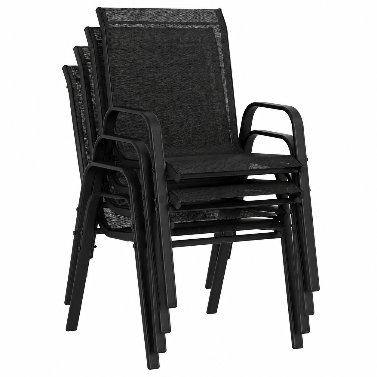 6er-Set Stapelbare Gartenstühle mit Armlehnen, Atmungsaktives Textilgewebe und Stahlrahmen, Ideal für Terrasse und Balkon, Schwarz