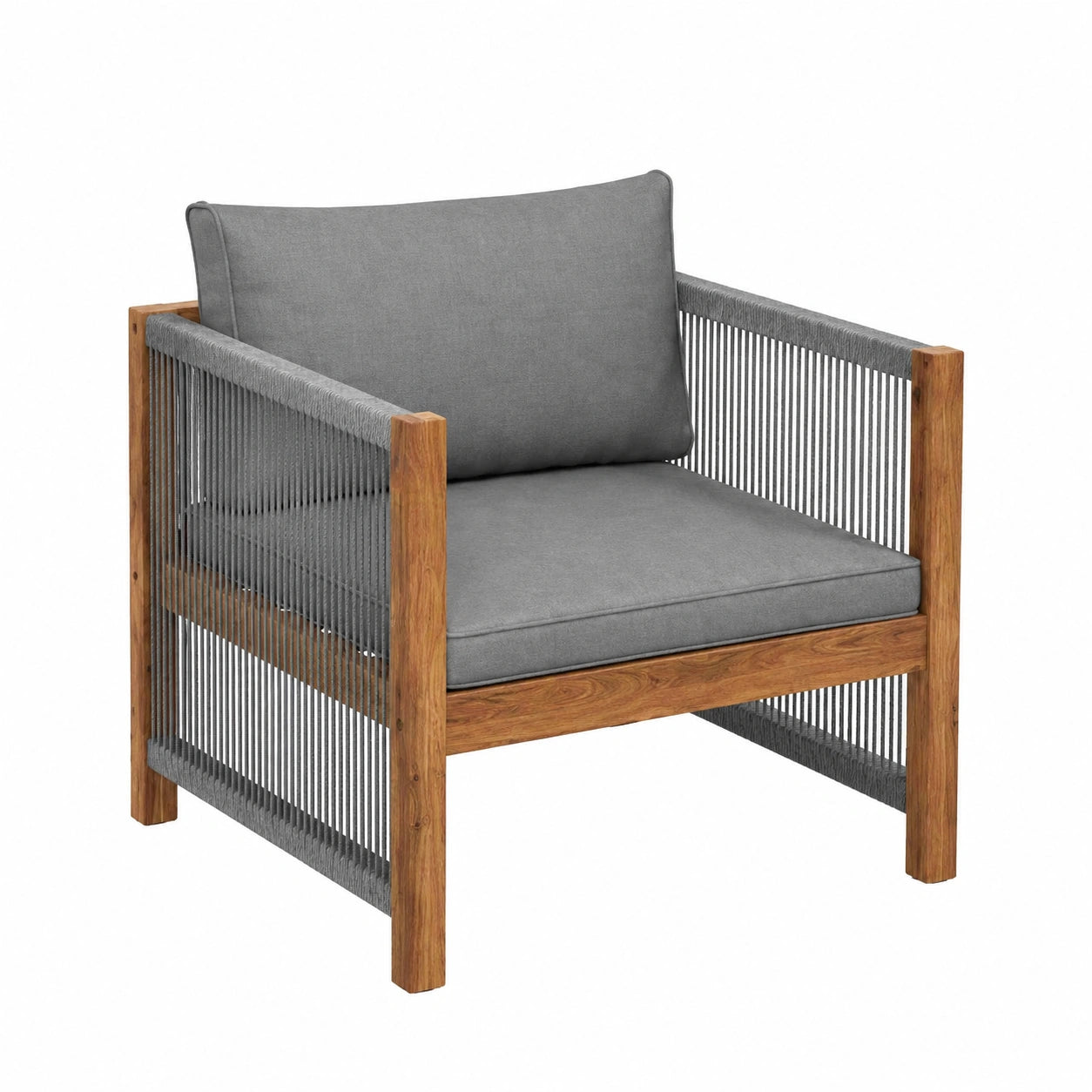 Garten Sitzgruppe aus Akazienholz und Rattan mit Kissen – Balkonmöbel Set inklusive Tisch, 2 Stühlen und Sofa – Outdoor Lounge in Grau