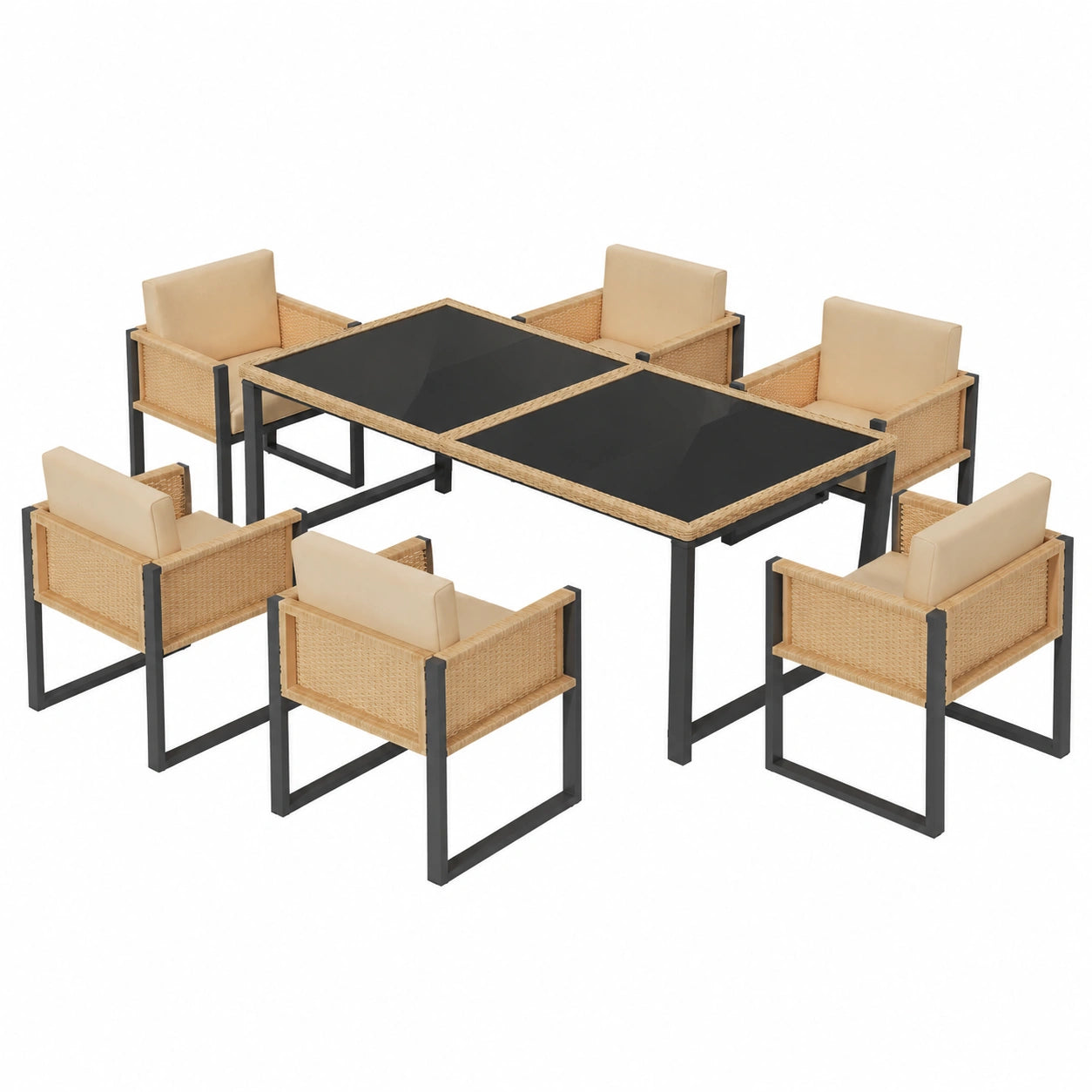 7-teiliges Rattan-Gartenmöbelset für 6 Personen, inkl. Tisch und Sesseln mit Kissen, in Schwarz-Braun