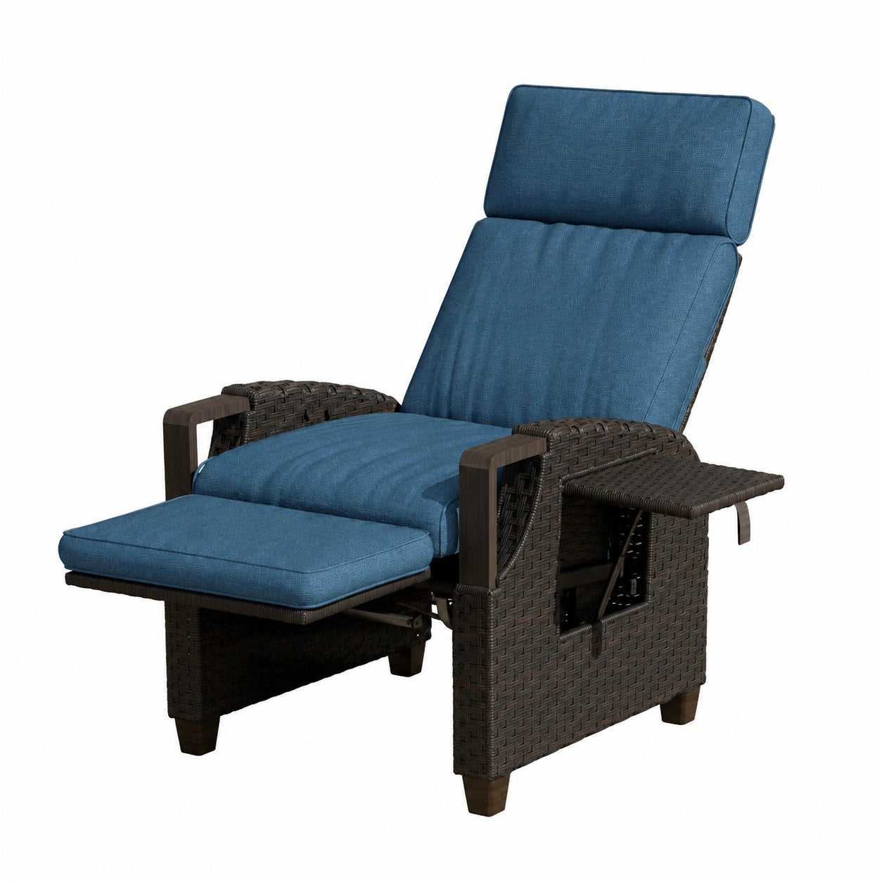 Grand Patio Verstellbarer Rattansessel mit Kissen, Aluminiumrahmen und Armlehnen, Ideal für Innenbereich, Blaues Kissen & Dunkelbraunes Rattan
