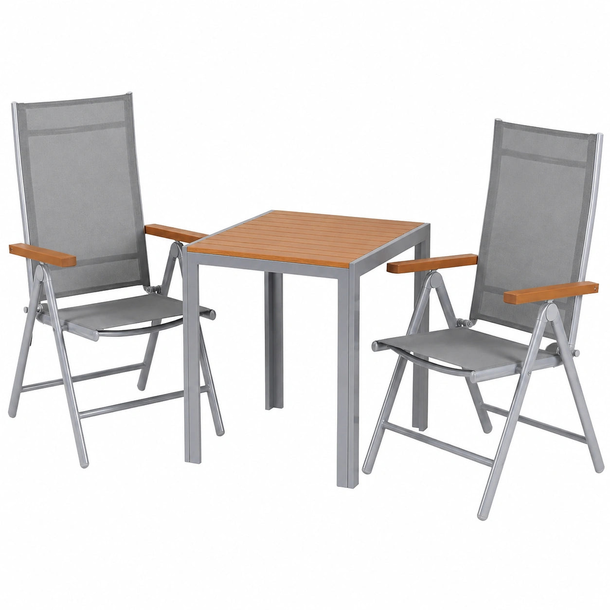 LIFERUN 3-teiliges Aluminium-Gartenmöbel-Set: WPC-Tisch und Hochlehner-Stühle klappbar, wetterfest, ideal für Balkon und Terrasse, Teakbraun und Hellgrau