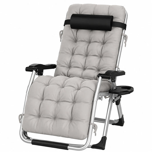 Ergonomischer Outdoor-Liegestuhl mit Getränkehalter, extra breiter klappbarer Sessel für Garten, Strand und Pool, Kissenunterstützung bis 200kg, Silber