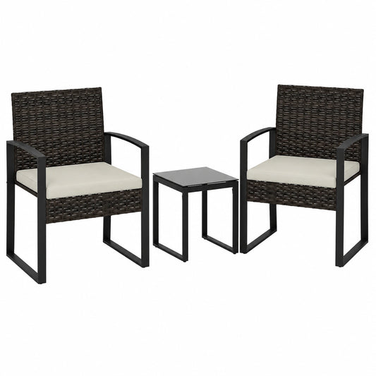 Outsunny Gartenmöbel-Set aus Rattan, 3-teilig mit Stühlen und Tisch, abnehmbare Kissen, Balkonmöbel in Cremeweiß