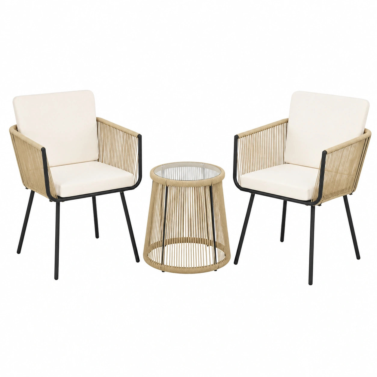 3-teiliges Balkonset aus Rattan mit Kissen und Tisch, hellbraun/cremeweiß
