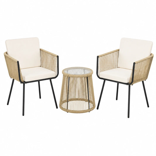 3-teiliges Balkonset aus Rattan mit Kissen und Tisch, hellbraun/cremeweiß