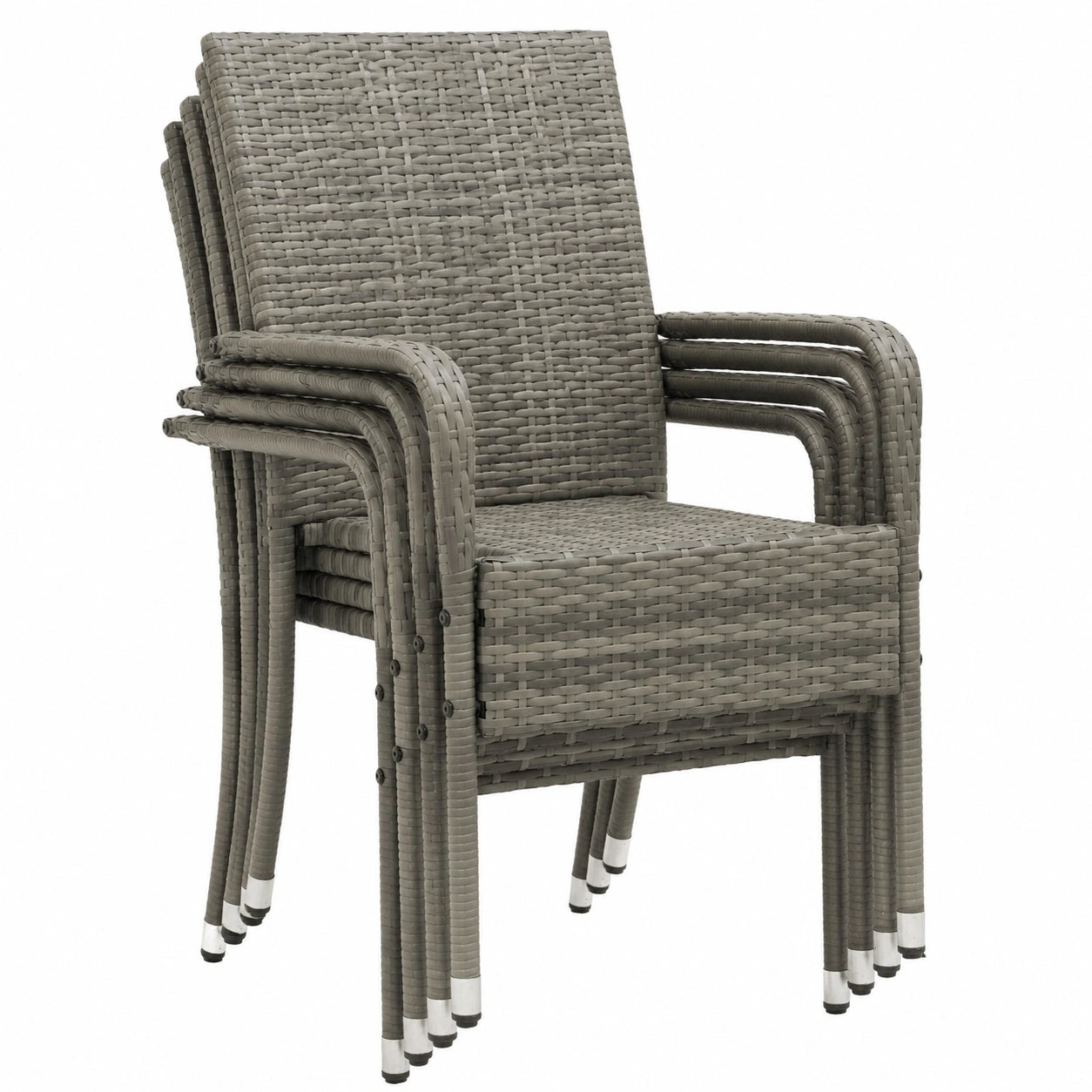 8er Set Stapelbare Polyrattan Gartenstühle mit Armlehnen - Grau-meliert