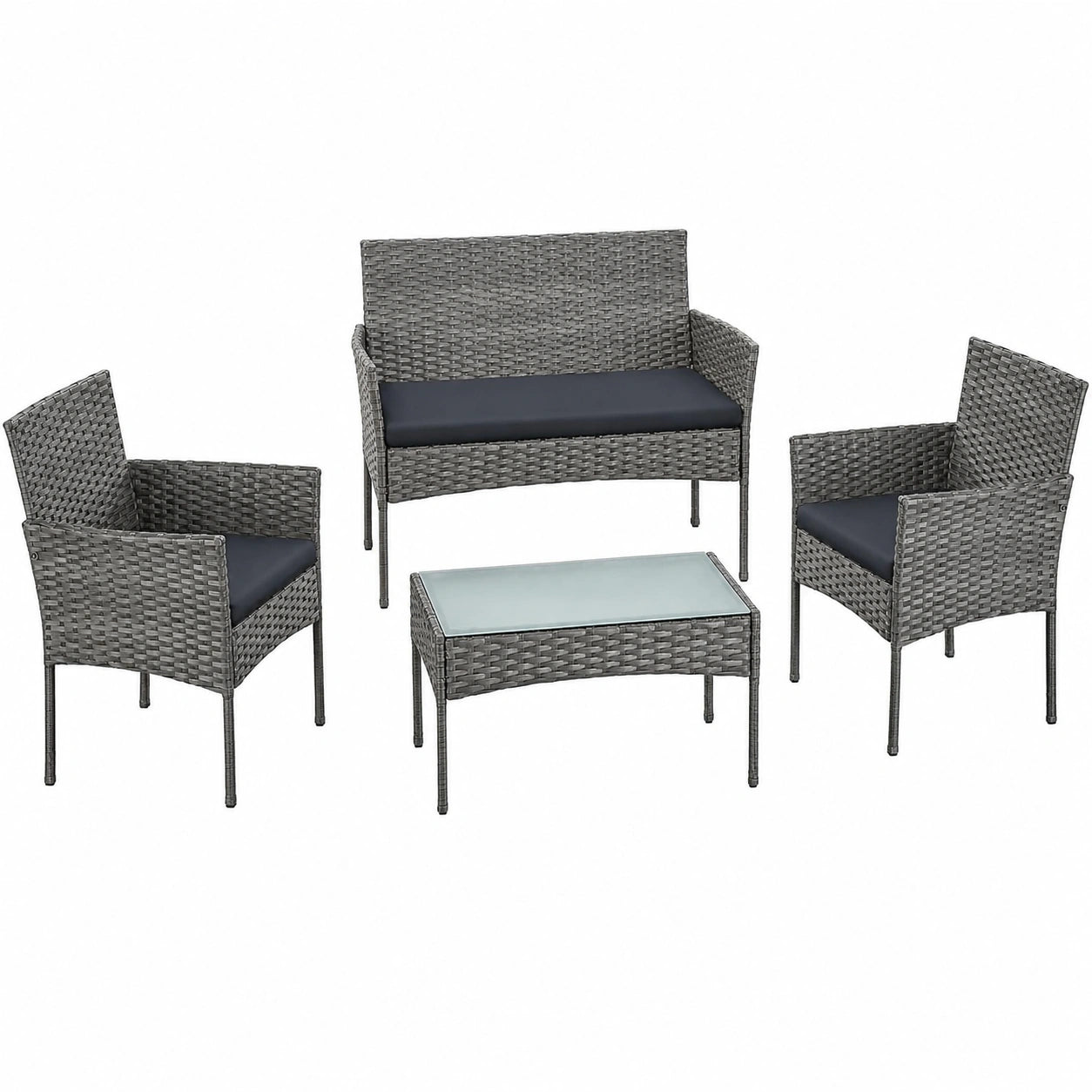 SONGMICS 4-teiliges Balkonmöbel-Set aus Polyrattan, inkl. Tisch, 2 Stühlen und 2-Sitzer-Bank, für Terrasse und Garten, grau