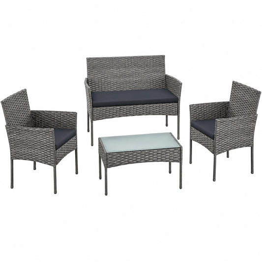 SONGMICS 4-teiliges Balkonmöbel-Set aus Polyrattan, inkl. Tisch, 2 Stühlen und 2-Sitzer-Bank, für Terrasse und Garten, grau