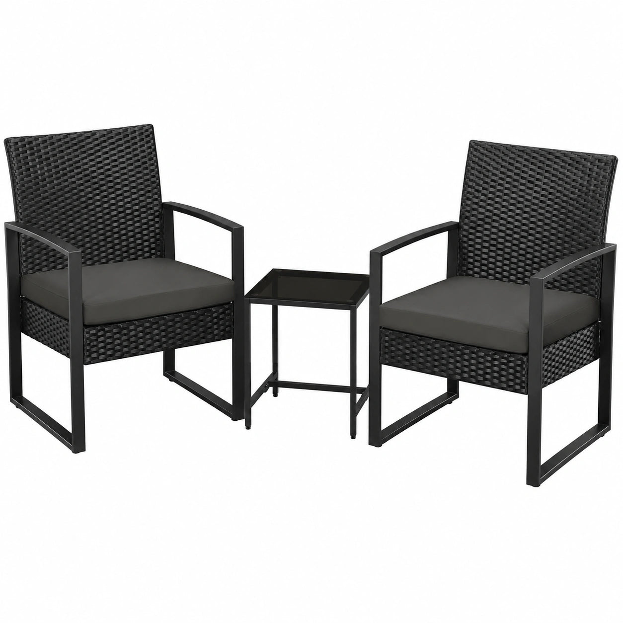 Yaheetech 3-teiliges Balkonmöbel-Set aus wetterfestem Polyrattan mit Kissen und Tisch, ideal für Balkon, Terrasse oder Garten, in Schwarz-Grau