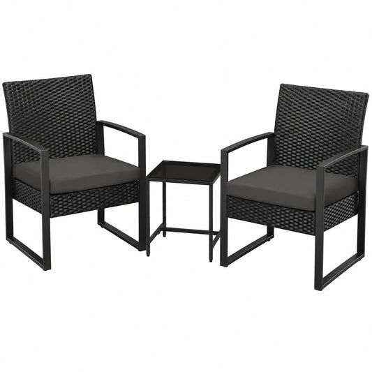 Yaheetech 3-teiliges Balkonmöbel-Set aus wetterfestem Polyrattan mit Kissen und Tisch, ideal für Balkon, Terrasse oder Garten, in Schwarz-Grau