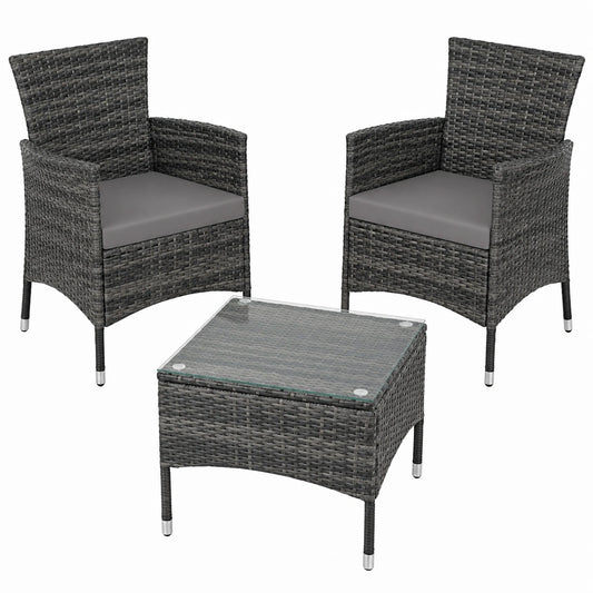 Gartenmöbel-Set aus Poly Rattan mit Kissenbezügen, 2 Stühle und Glastisch, Outdoor-Lounge-Sessel mit Armlehnen, ideal für Balkon, in Grau