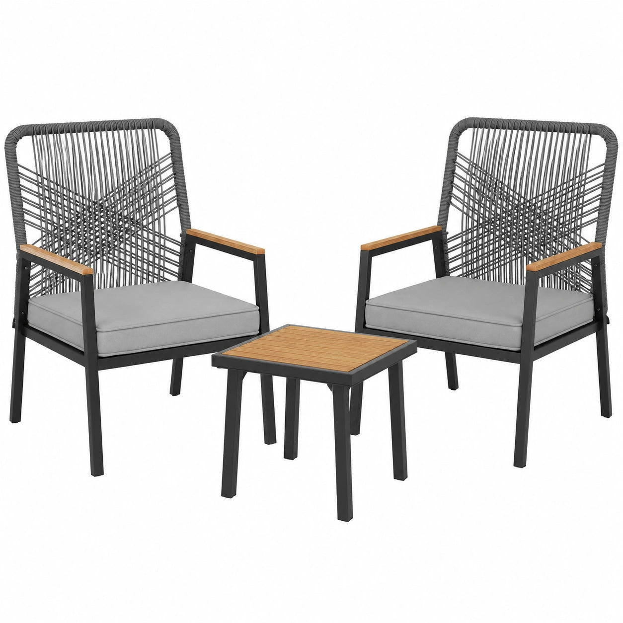 3-teiliges Rattan-Gartenmöbel-Set, wetterfest, Stühle mit Tisch, bis 160 kg, Metall & WPC Armlehnen, ideal für Balkon und Terrasse