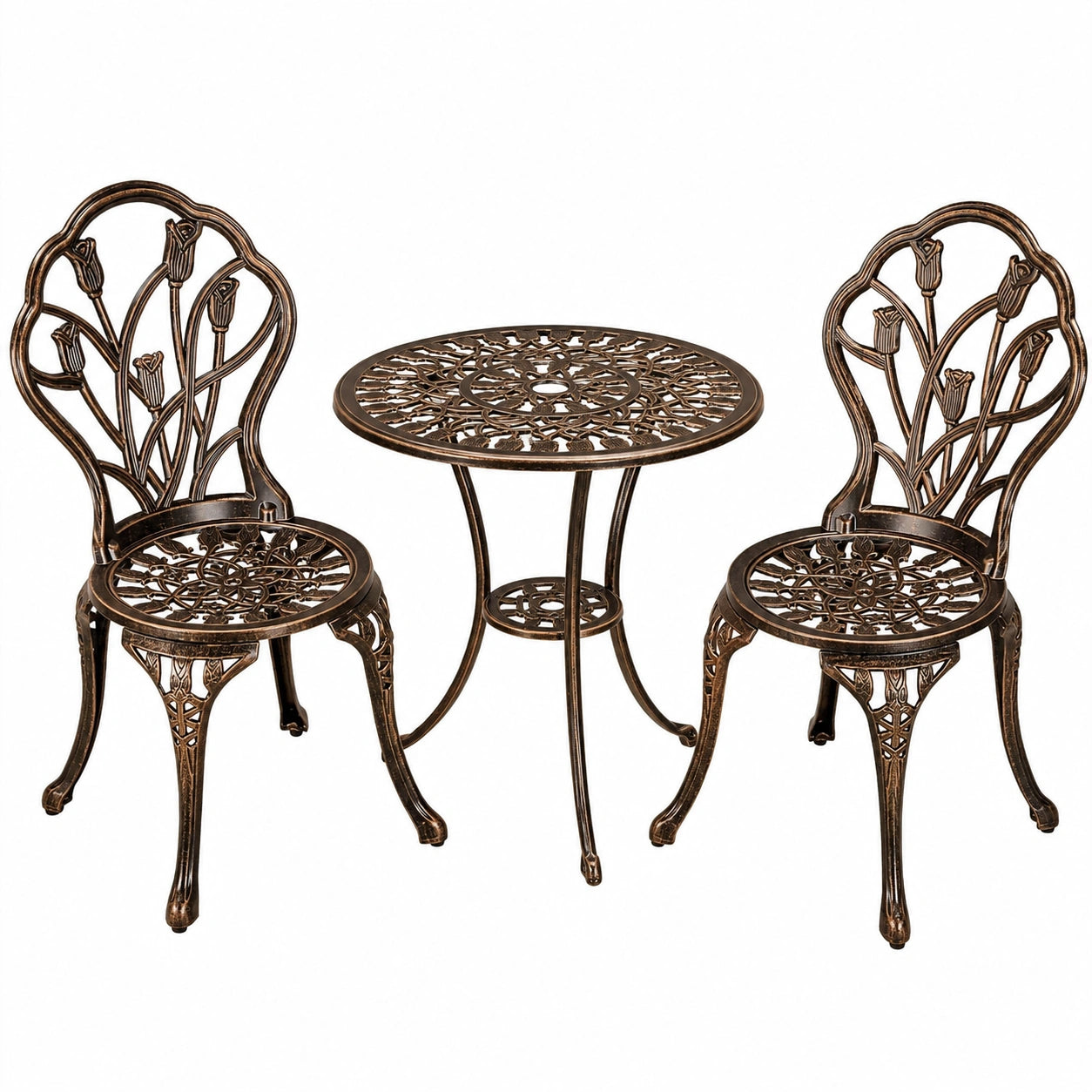 Bistro-Sitzgruppe aus Aluminiumguss, 3-teilig, in Bronze für Garten und Balkon