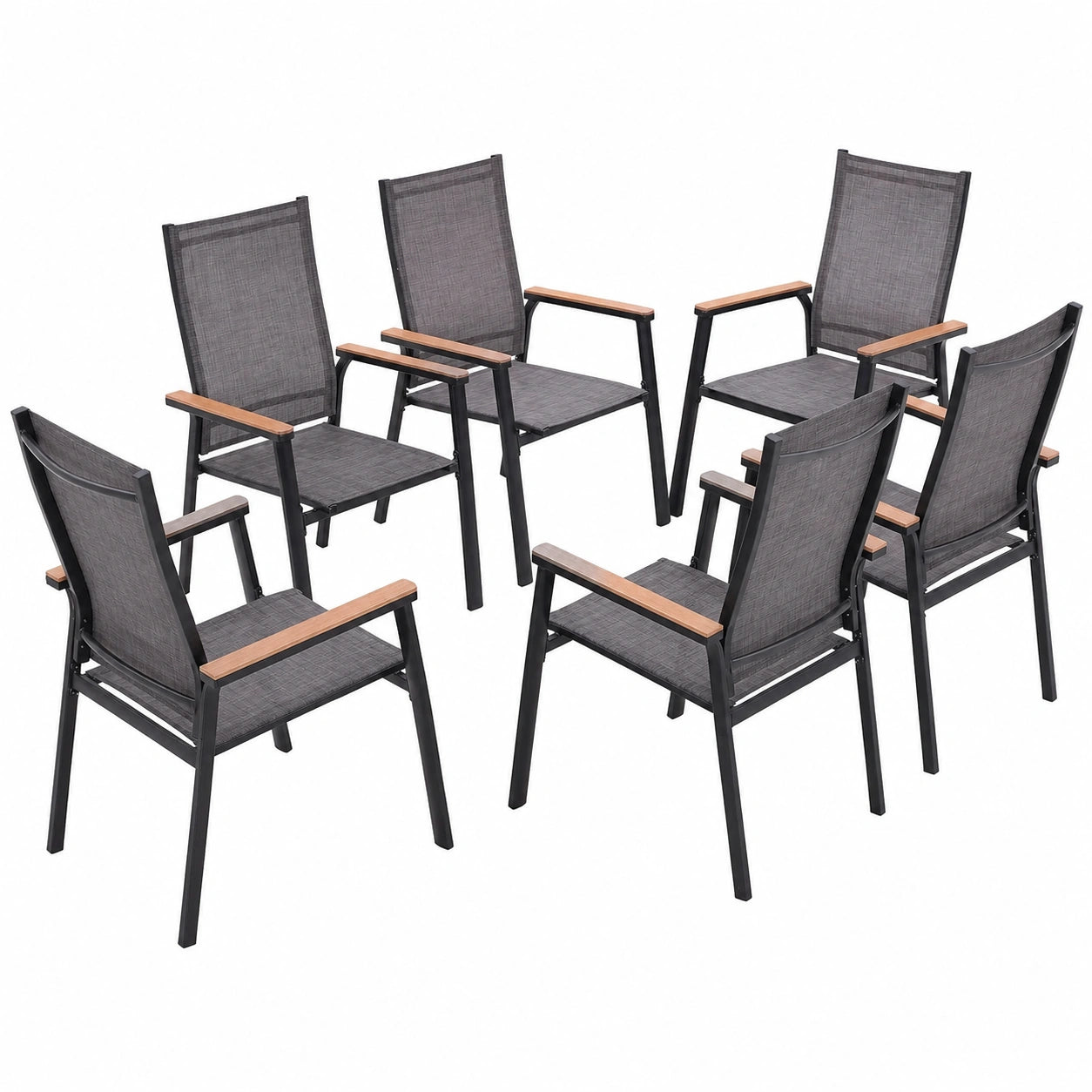 Aluminium Gartenstuhl Set, 6er Stapelbare Terrassenstühle mit Holzarmlehne, Wetterfeste Outdoor Sessel