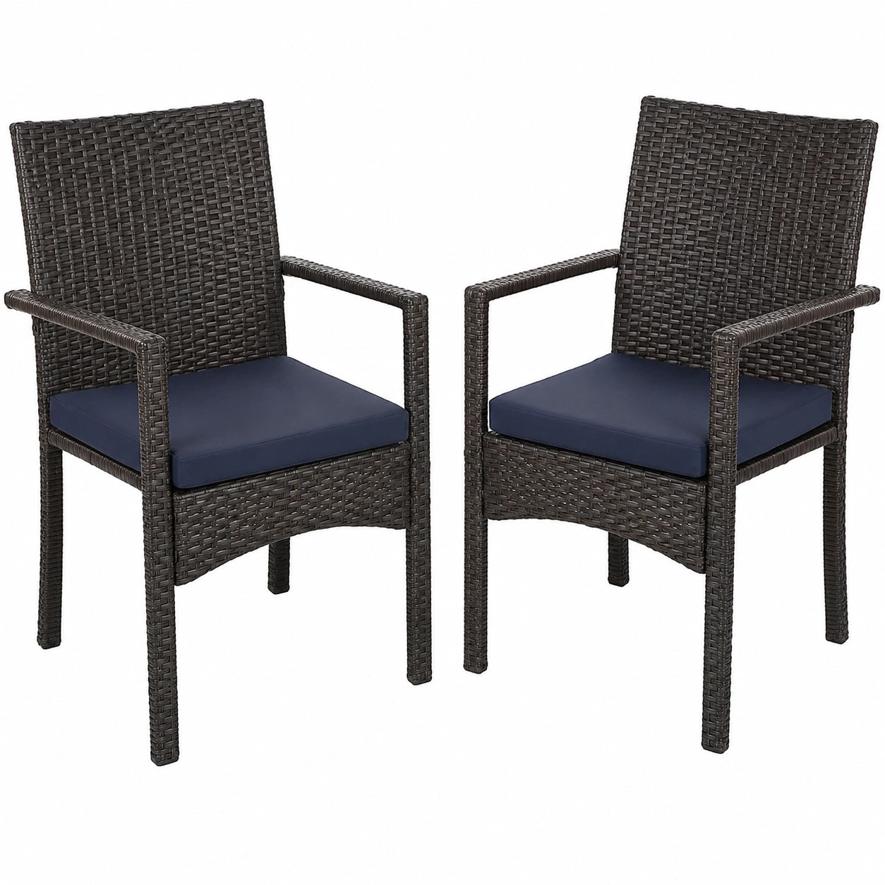 2er Set Gartenstühle aus Rattan mit Armlehnen, Wetterfeste Outdoor-Kissen, Balkon- und Terrassenmöbel, Braun-Schwarz