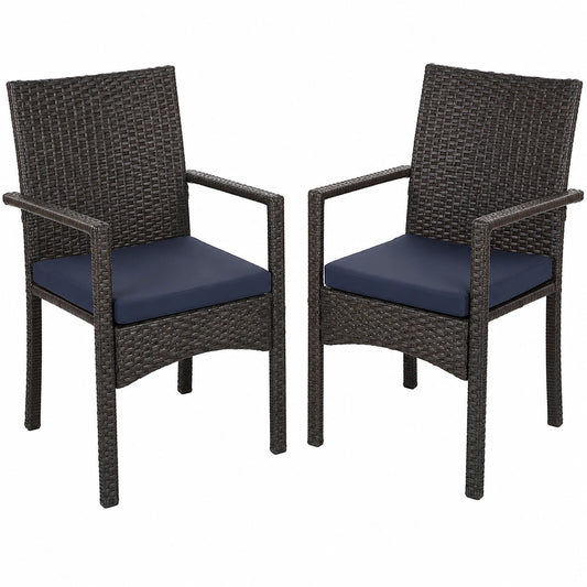 2er Set Gartenstühle aus Rattan mit Armlehnen, Wetterfeste Outdoor-Kissen, Balkon- und Terrassenmöbel, Braun-Schwarz