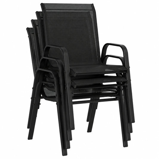 6er-Set Stapelbare Gartenstühle mit Armlehnen, Atmungsaktives Textilgewebe und Stahlrahmen, Ideal für Terrasse und Balkon, Schwarz