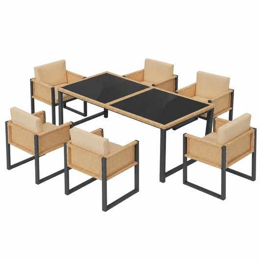 7-teiliges Rattan-Gartenmöbelset für 6 Personen, inkl. Tisch und Sesseln mit Kissen, in Schwarz-Braun